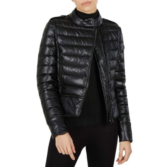 NWT Save The Duck eco leather black moto style quilted puffer jacket, S - Picture 1 of 12